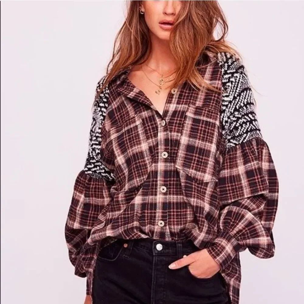 Free People Fireside Nights Plaid Shirt Size XS Boho Long Sleeve